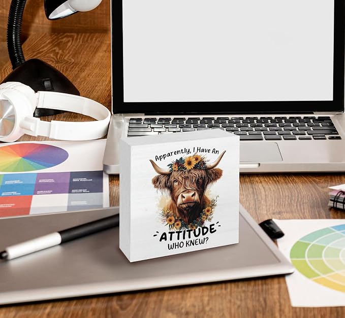 Highland Cow Sign, Farm Cottagecore Animal Office Kitchen Bedroom Decor, Apparently I Have an Attitude Who Knew Wooden Box Signs, Apparently Highland Cow Gifts for Women Men 5x5 in