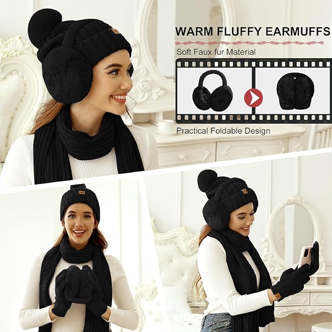 HEEKPEK Winter Beanie Hats Scarf Gloves Ear Muffs Fuzzy Socks 5pcs Set for Women Cold Weather Beanies Touch Screen Gloves