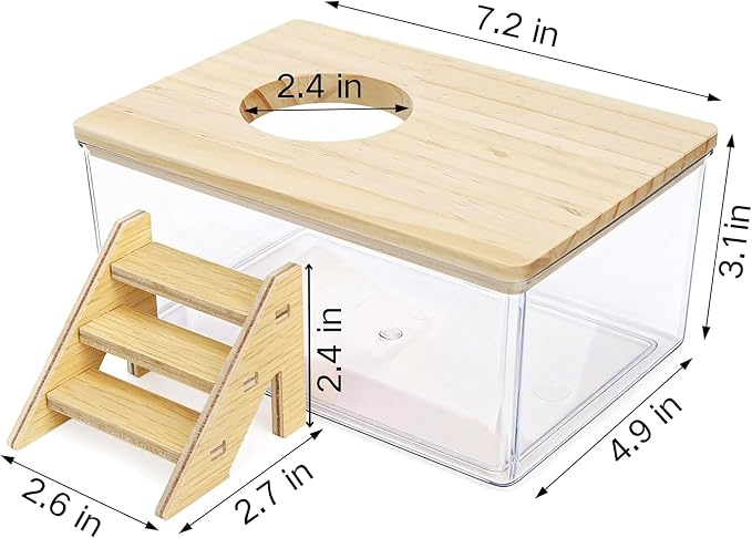 Hamster Sand Bath Box with Wood Cover and Ladder - Rectangle Clear Digging Container - Multifunctional Bathroom for Small Animals for Home and offic