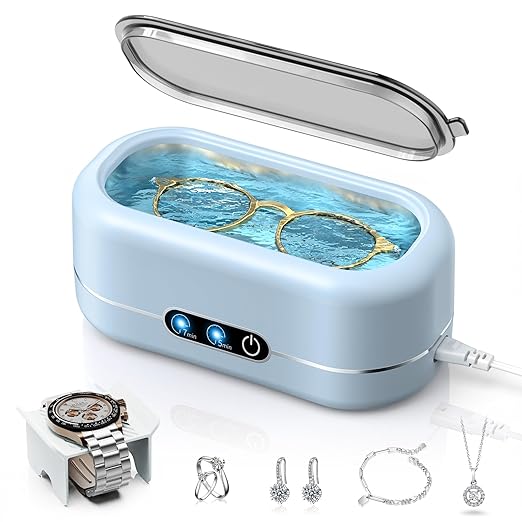 Ultrasonic Jewelry Cleaner, Upgraded Jewelry Cleaner Ultraonic Machine 48KHz for All Jewelry, Eyeglasses, Watches Strap, Dentures, Retainers & More - Light Blue