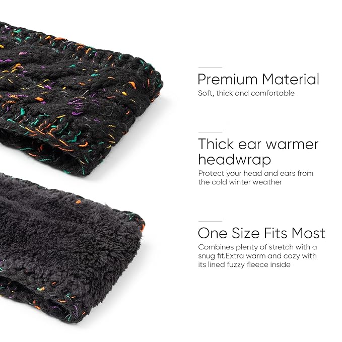 AQOKKA Knit Winter Headbands for Women Fuzzy Wool Fleece Lined Ear Warmers Elastic Turban Crocheted Head Wrap Winter Accessories for Women Cold Weather