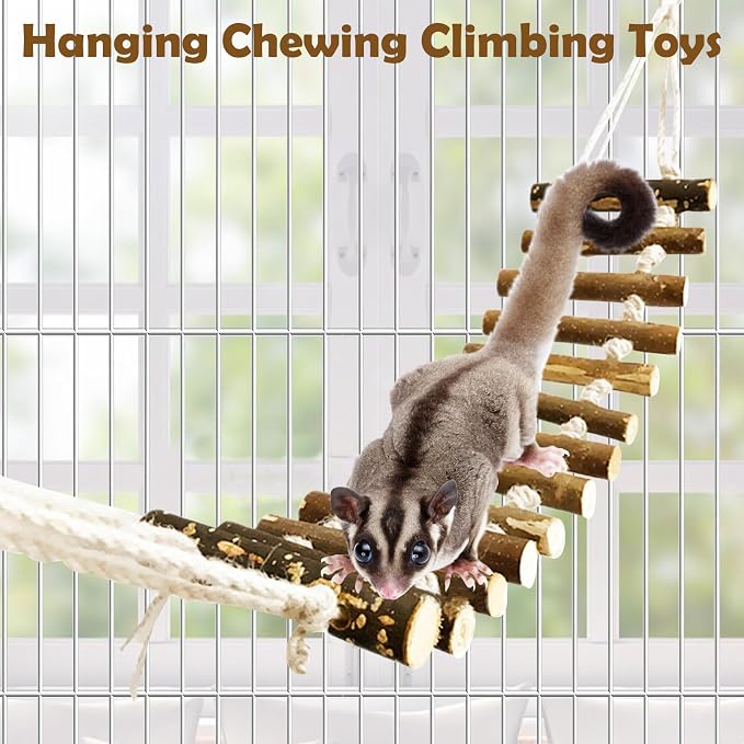 BNOSDM Sugar Glider Climbing Toys 2 Pack Nature Wood Rope Ladder Hanging Sugar Glider Bridge Cage Accessories for Mice Rat Hamster Gerbil Chinchilla