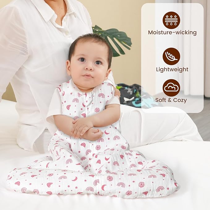 PHF 100% Muslin Cotton Baby Sleep Sacks, 12-18 Months Sleep Sack with 2-Way Zipper, 2 Pack Cooling 0.5 TOG Breathable Large Size Sleeveless Baby Wearable Blanket for Baby Girl, Rainbow