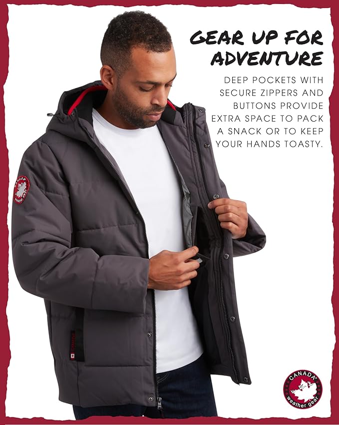 CANADA WEATHER GEAR Mens Winter Puffer Jacket - Heavyweight Insulated Ski Jacket Hooded Mens Coats Weather Resistant Coat