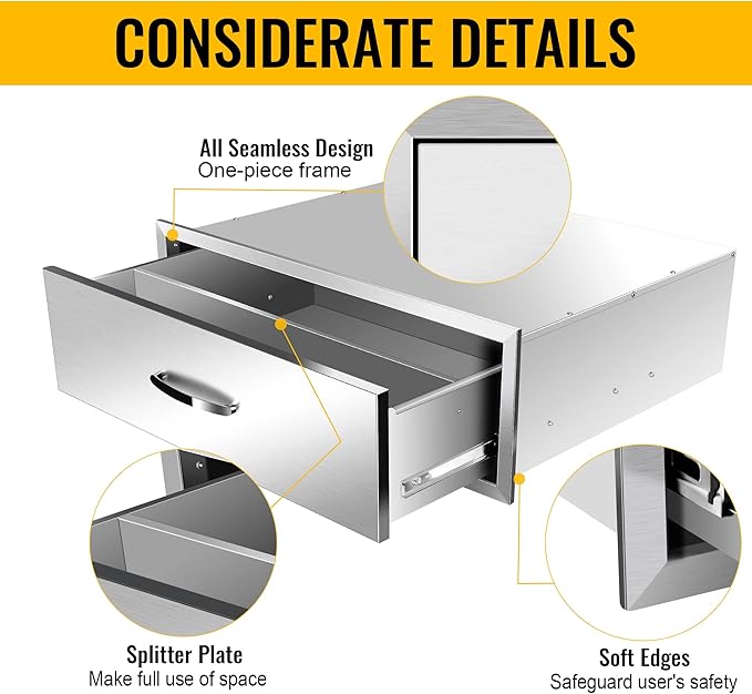 Outdoor Kitchen Drawers Stainless Steel 30W X 10H X 23D Inch, Flush Mount Single BBQ Island Drawers with Handle for Outdoor Kitchens, Patio or Grill Station