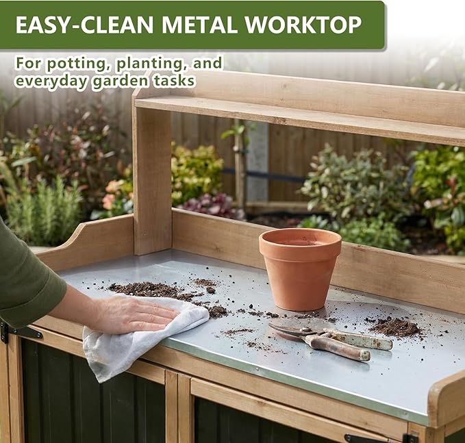 Ketive Outdoor Potting Bench with Storage, Potting Table with Metal Top, Garden Workstation Cabinet with Shelf, Rolling Outdoor Work Table for Backyard Patio Gardening