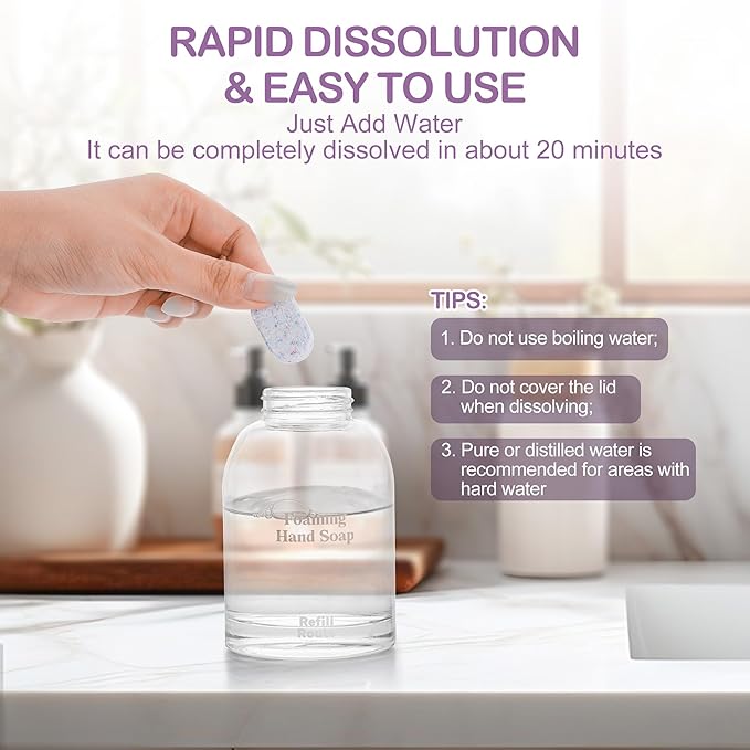 Foaming Hand Soap Refills, Foaming Soap Refill 12 Pcs(Make 12x8 fl oz Bottles), Plant-Based Foam Cleaner, Skin-Friendly Hand Wash Tablets, Vegan, Cleansing & Moisturizing, Lavender Scent