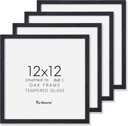 12x12 Picture Frames Set of 4, Black Wood Picture Frame 12 x 12, Oak Wood 12 by 12 Frames with Real Glass, Square 12 x 12 Photo Frames for Wall, 12x12 Frame with Mat for 8x8, Wall Gallery Frame Set