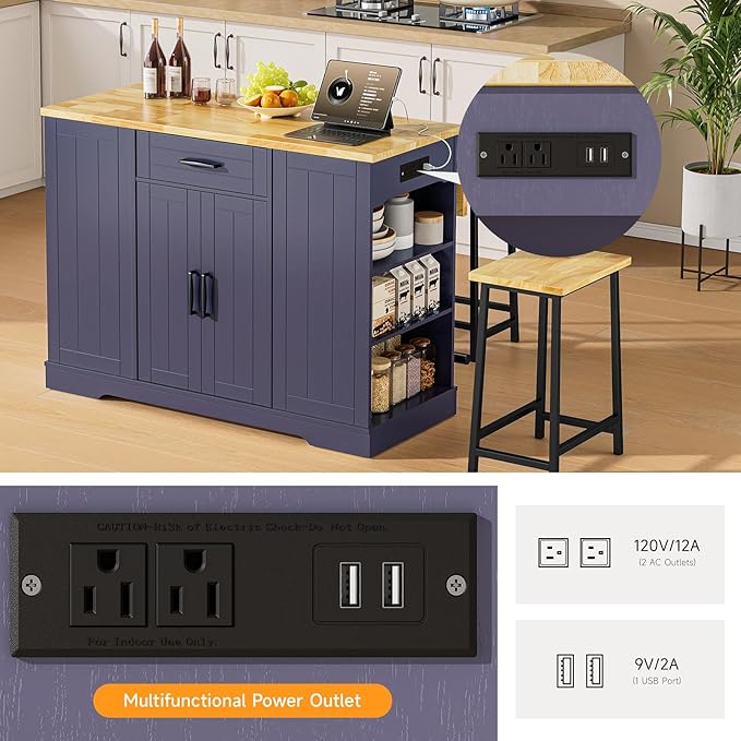 ONBRILL Stationary Kitchen Islands Include 2 Chairs, 47" Kitchen Island with Drop Leaf, Home Bar Table with Spice Rack & with Trash Cabinet, Island Table for Dining Room with Power Outlet, Blue