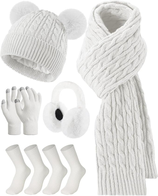 Geyoga 6 Pcs Winter Warm Fleece Knit Hat Long Scarf Touchscreen Gloves Ear Muffs Socks Sets, Winter Warm Gifts for Women