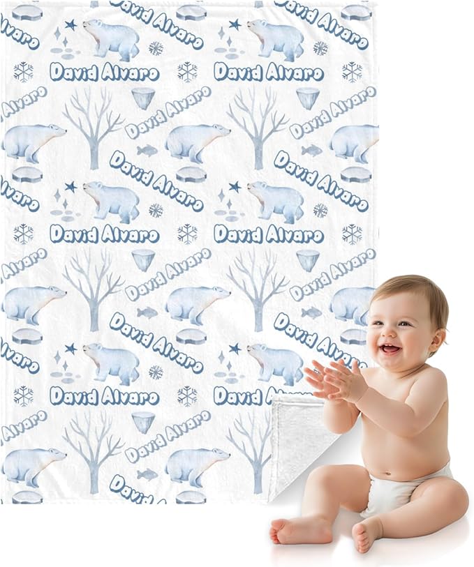 Ship Next Day Personalized Baby Blanket, Printed in USA - Custom Name Toddler Blanket with Polar Bears Pattern, Personalized