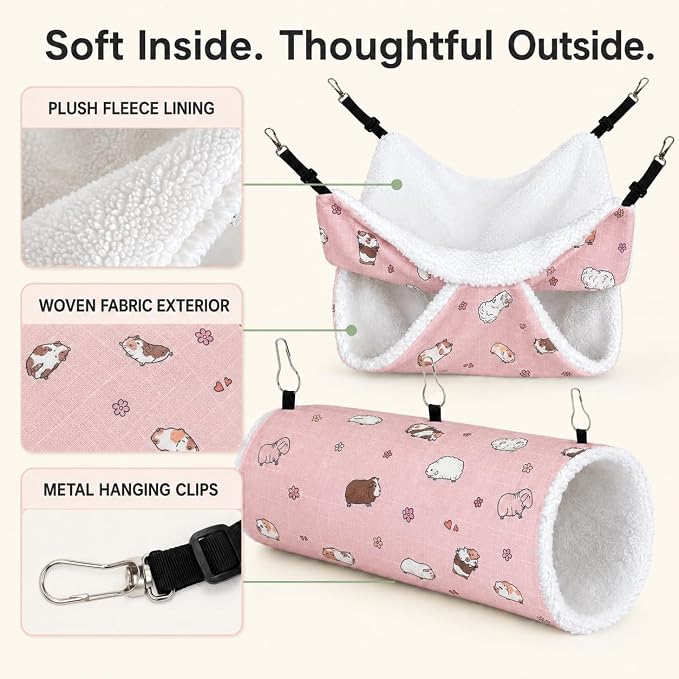 Small Pet Hammock & Tunnel Set for Ferrets, Guinea Pigs, Rats - Plush Hideout Bed & Cage Toy, 2-Pack, Pink Guinea Pig Print