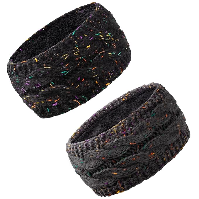 AQOKKA Knit Winter Headbands for Women Fuzzy Wool Fleece Lined Ear Warmers Elastic Turban Crocheted Head Wrap Winter Accessories for Women Cold Weather