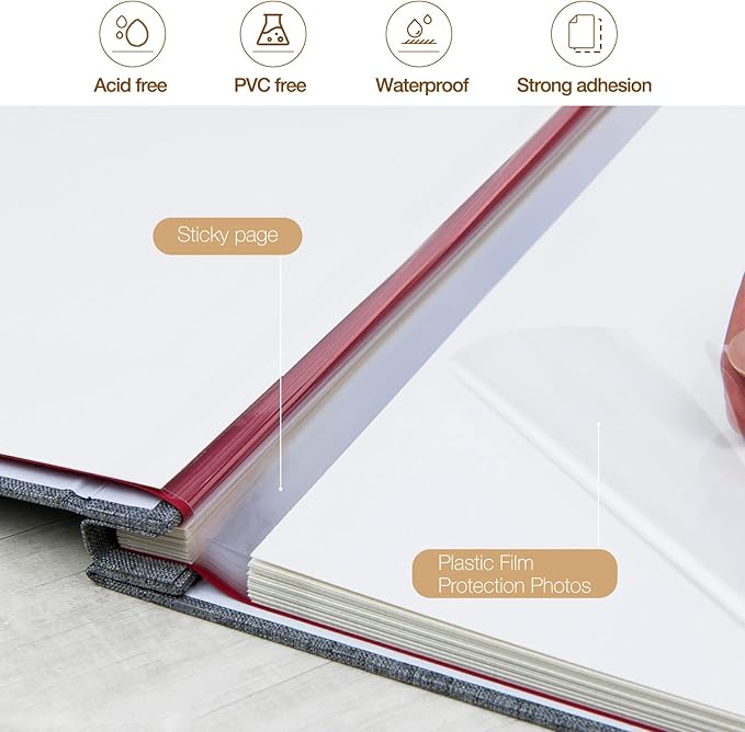 potricher Large Photo Album Self Adhesive 4x6 5x7 8x10 Pictures Linen Cover 80 Blank Pages Magnetic DIY Scrapbook Albums with A Metallic Pen (Gray)