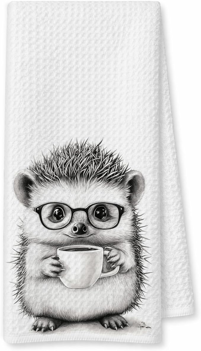 Funny Hedgehog Gift Kitchen Towel, Cute Hedgie with Glasses Drinking Coffee, Woodland Animal Decor, Coffee Bar Accessories, Hedgehog Lover Gift, Humorous Dish Towel, 16x24 Inch