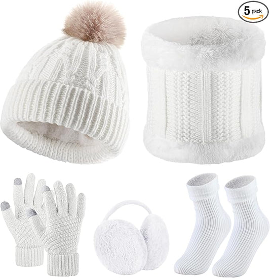 SATINIOR 5 Pcs Winter Hat Scarf Gloves Set Fleece Warm Lined Knit Beanie Hat Touch Screen Earmuff Gloves Warmer for Women(White,Fresh Style)