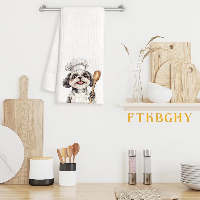 Funny Shih Tzu Chef Kitchen Towels, Shih Tzu Gifts, Chef Gifts for Women Men, Funny Dog Decorative Dish Hand Tea Towels for Kitchen Bakery, 16x24 Inch