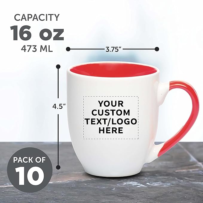 Custom Bistro Style Large Coffee Mugs 16 oz. Set of 10, Personalized Bulk Pack - Perfect for Coffee, Tea, Espresso, Hot Cocoa, Other Beverages - Red