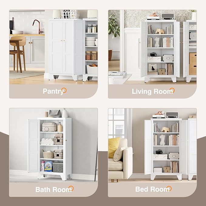 Yizosh Metal Storage Cabinet with Doors and 3 Adjustable Shelves - 47" White Kitchen Pantry Storage Cabinet Locker for Kitchen,Living Room,Dining Room