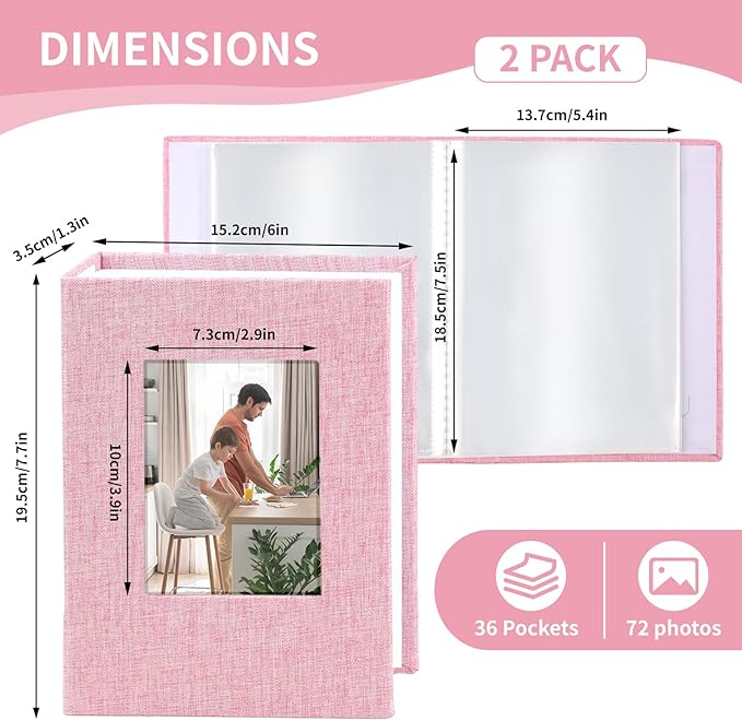 vivinin 2 Pack Photo Album 5x7, Linen Cover Photo Book, Small Photo Album Book for 36 Pockets Hold 72 Pictures, Picture Book for Photos Family Anniversaries Baby Vacations (Pink)