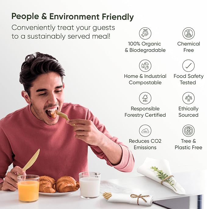 Luxury Pre-Rolled Napkin and Bamboo Cutlery Set (30 Pack, 120 PCS) 100% Biodegradable, Eco-Friendly, Disposable Wrapped Cutlery - Includes Pre-Wrapped Bamboo Forks, Knives, Spoons, & Napkins