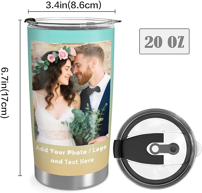 Personalized Coffee Tumbler with Pictures Text Logo Name, Custom Stainless Steel Tumbler with Lid and Straw, Customized Coffee Travel Mug Cups, 20oz Water Cups Birthday Gifts for Women Men Office Car