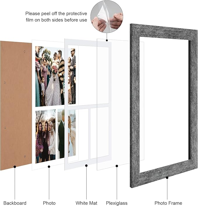 11x16 Picture Frame Display 3 opening Picture Frame 5x7 and 8x10 Collage,Multi Photo Frame with Mat,Plexiglass,Horizontal and Vertical Formats for Wall Decor,Grey Wood Grain