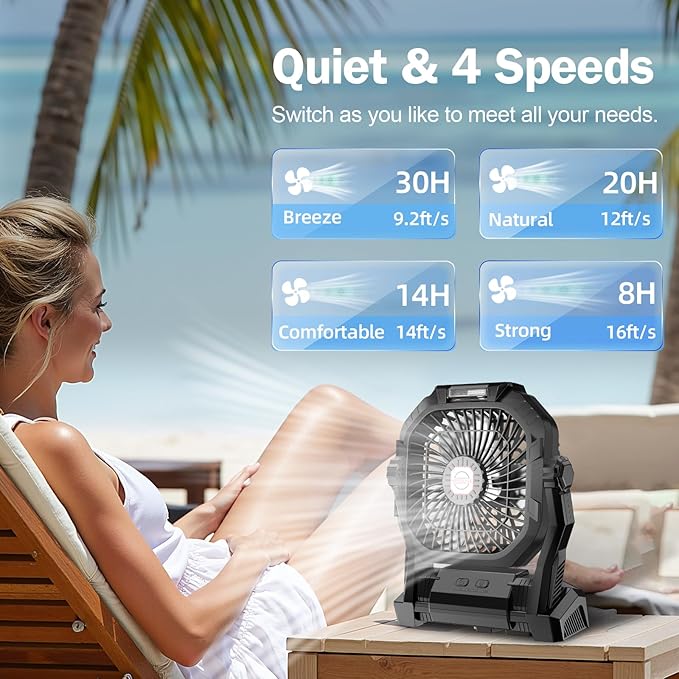 Camping Fan Rechargeable, 20000mAh Battery Powered Portable Fan with LED Light & Hook, 4-Speed 270° Adjustable, Camping Essentials for Tent, Travel, Car, Outdoor, Indoor, BBQ, Fishing, Jobsite