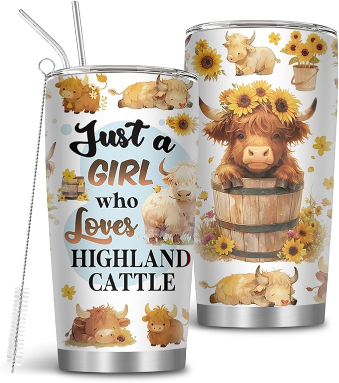 Highland Cows Cup Tumbler Travel Mug with Brush & Straw 20oz Cow Gifts | Cute Cow Gifts for Women Girls Mom Friends Lovers Cowgirl, Farming Gift for Christmas Birthday, 1 PCS