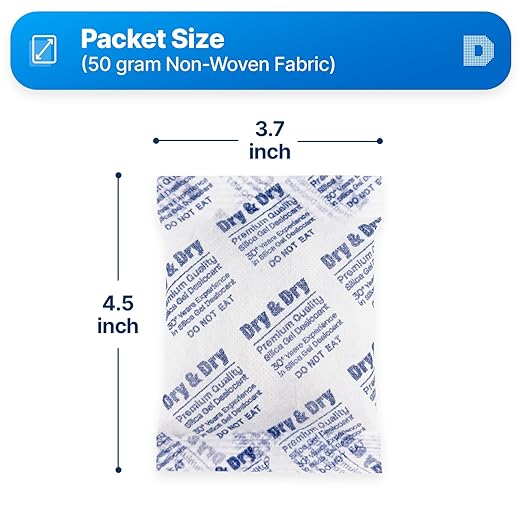 Dry & Dry 50 Gram [40 Packets] Silica Gel Packets, Desiccants - Rechargeable Fabric Silica Gel Packs, Silica Gel, Silica Packets, Desiccant Packs for Storage