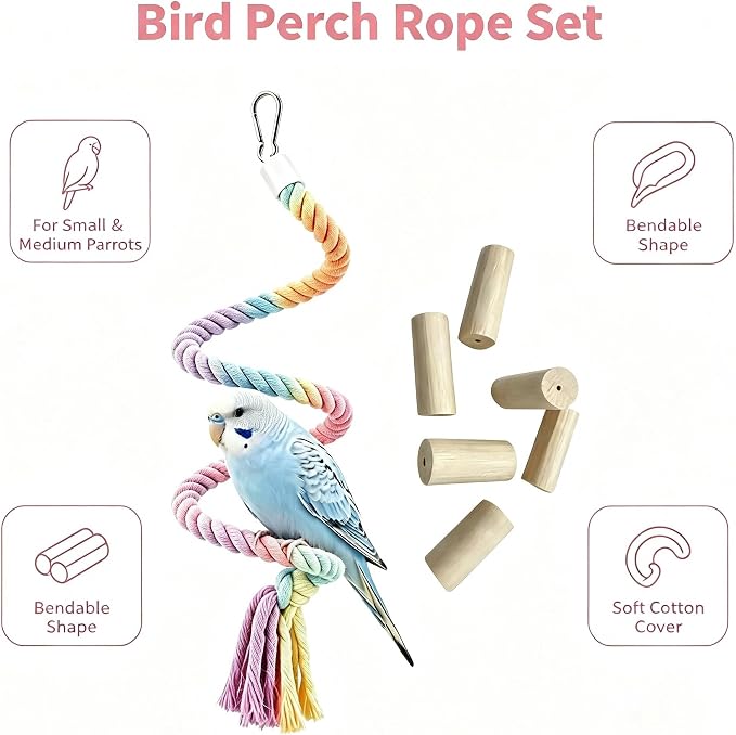 Bendable Parrot Rope Perch with Wood Chew for Parakeet Cockatiel | Soft twisted cotton rope, natural wood chew blocks, bendable design, beak trimming, fits standard wire bird cages