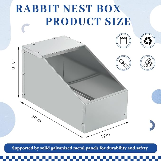 1 Pcs Galvanized Metal Rabbit Nesting Box Bunny Nest Hutch Hideout with Removable Acrylic Floor Breeding Natural Burrow Den Alternative for Rabbit Guinea Pigs Chinchillas (20 * 14 * 12 Inch)