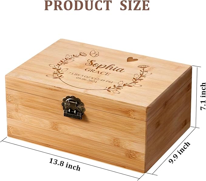 Large Personalized Baby Keepsake Box, Bamboo 13.8x10x7.1 inches Memory Box for Keepsakes Custom Engraved Wooden Newborn Gift Box with Lid, Baby Shower Gifts for Boys Girls Keepsake Chest