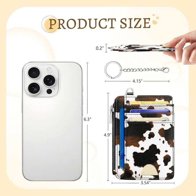Kelvoris Credit Card Holder Small Wallet Women, Slim RFID, Cow Print | Keychain, Zipper Coin Pocket, Front Pocket Thin Travel Card Case, Minimalist, 6 Card Slots, 1 ID Window, Ladies Gifts Woman