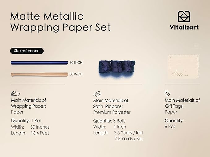 Vitalizart Blue Matte Metallic Wrapping Paper Set 30" With Silk Satin Ribbon & Gift Tags Christmas Gift Wrapping Birthday Baby Shower Wedding Bouquets Handmade Crafts 197"(16.4 Ft) Blue Ribbon