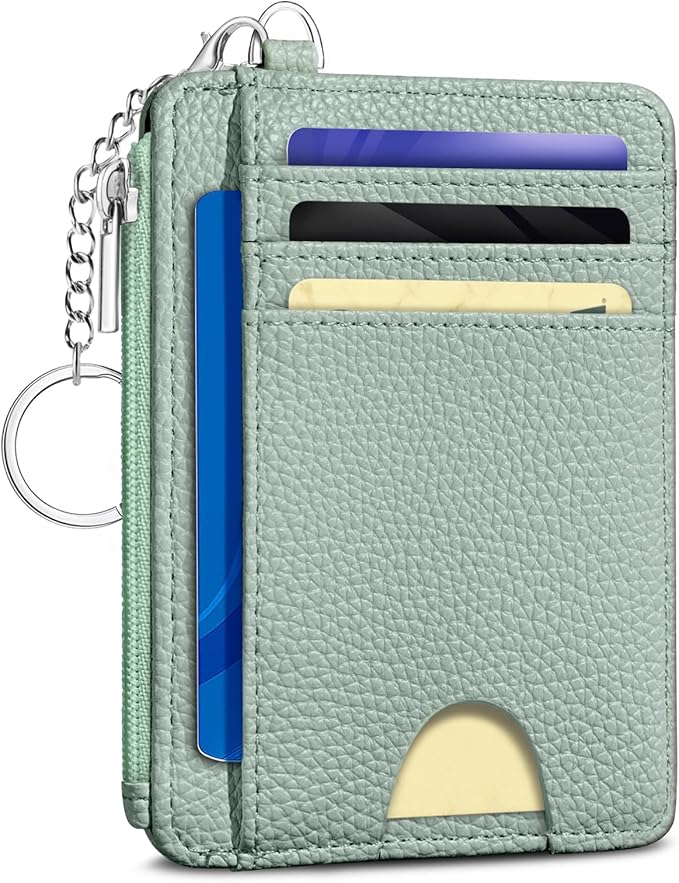 Kelvoris Credit Card Holder Small Wallet Women, Slim RFID, Green | Keychain, Zipper Coin Pocket, Front Pocket Thin Travel Card Case, Minimalist, 6 Card Slots, 1 ID Window, Ladies Gifts Woman