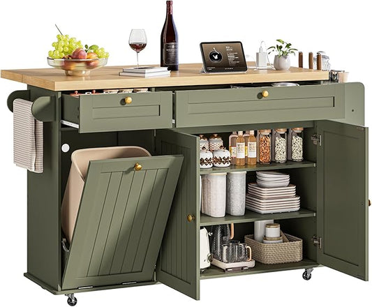60" Kitchen Island with Power Outlet & Drop Leaf, Kitchen Rolling Island with Spice Rack & Towel Rack, Knife Holder, Kitchen Island Cart with Trash Storage Cabinet, Mobile Island Table for Kitchen
