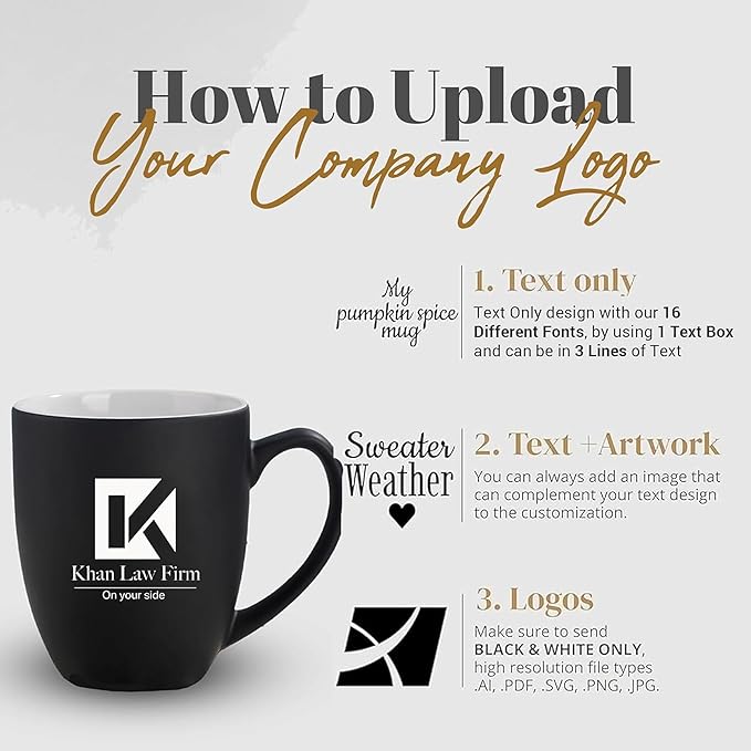 Personalized Coffee Mug Engraved with your Custom Logo - Customized Coffee Mugs, Hot Chocolate Mug, Birthday Gift, Retirement Gift (Engraved Custom Logo, Matte Black)