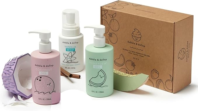 Dabble & Dollop Beachy Bundle, Natural Bubble Bath, Body Wash, Shampoo for Kids, Paraben & Sulfate Free, Vegan, Gluten-Free, Tear-Free, Honeydew Melon, Vanilla & Coconut (Set of 3)