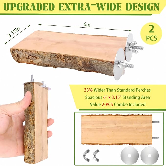 2PCS Large Flat Bird Perch Platform for Cage (6" x 3.15") | Natural Apple Wood Foot-Care Wooden Perches Stand, Small Bird Toy & Accessories for Cockatiels, Conures, Budgies, Lovebirds