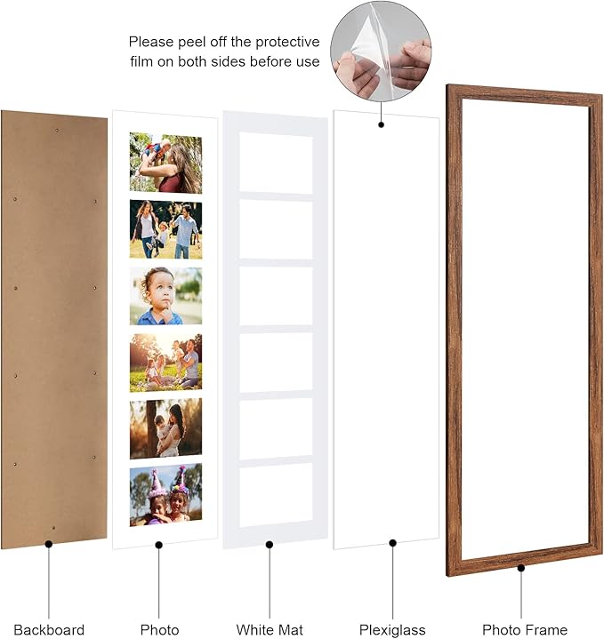 8x26 Collage frame with 6 Openings 4X6 Pictures, Multiple Picture Frame with Mat, Wall or Tabletop Decor, Carbonized Brown Wood Grain (1 Pack)