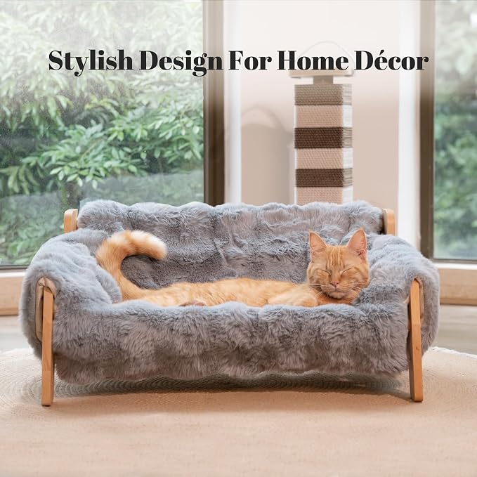 CHEERHOME PETS Elevated Cat Couch Bed Wooden Raised Kitty Sofa Lounge Chair | Washable Fluffy Cover Wooden Elevated Pet Furniture for Indoor Cats and Puppy(Dark Grey)