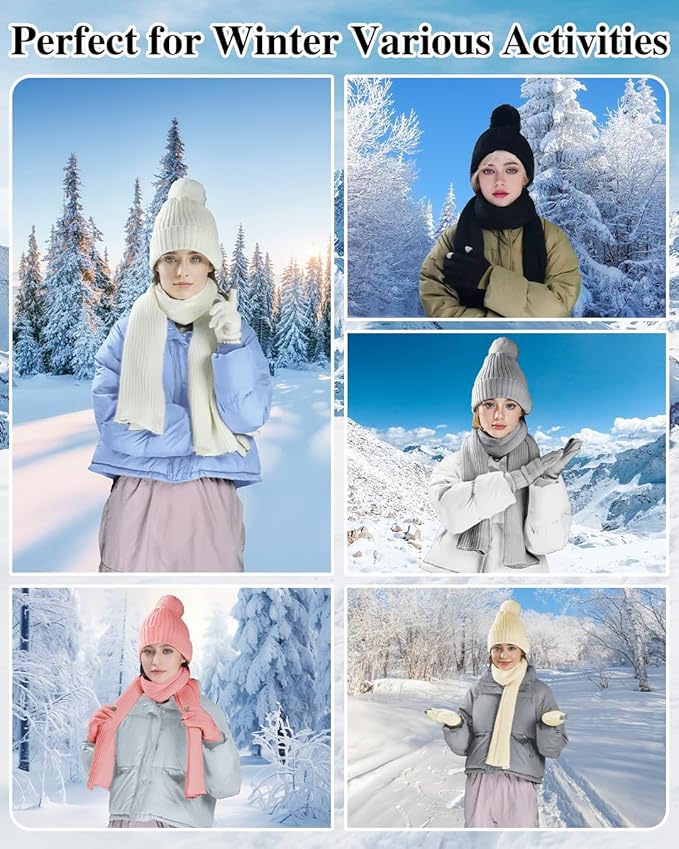 Winter Beanie Hat Scarf Gloves Set for Women, Fleece Knit Pompom Beanie Neck Warmer Long Scarf Touchscreen Gloves 3 in 1 Set