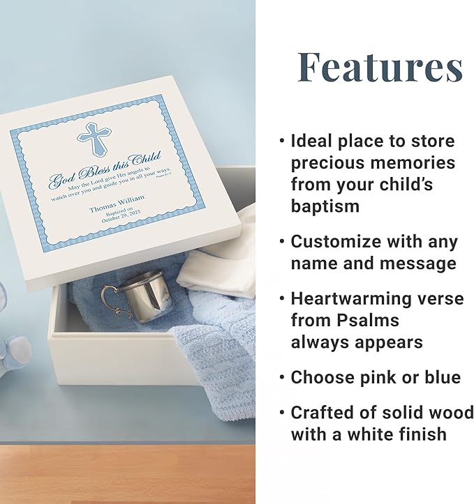 Let's Make Memories Personalized Keepsake Box for Blessed Child - Memories Box - Baptism - Confirmation - For Boys (Blue) - 6" Hx12 Sq