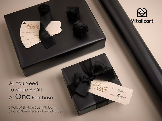 Vitalizart Black Matte Metallic Wrapping Paper Set 17" With Silk Satin Ribbon & Gift Tags Christmas Gift Wrapping Birthday Baby Shower Wedding Bouquets Handmade Crafts 197"(16.4 Ft) Black Ribbon