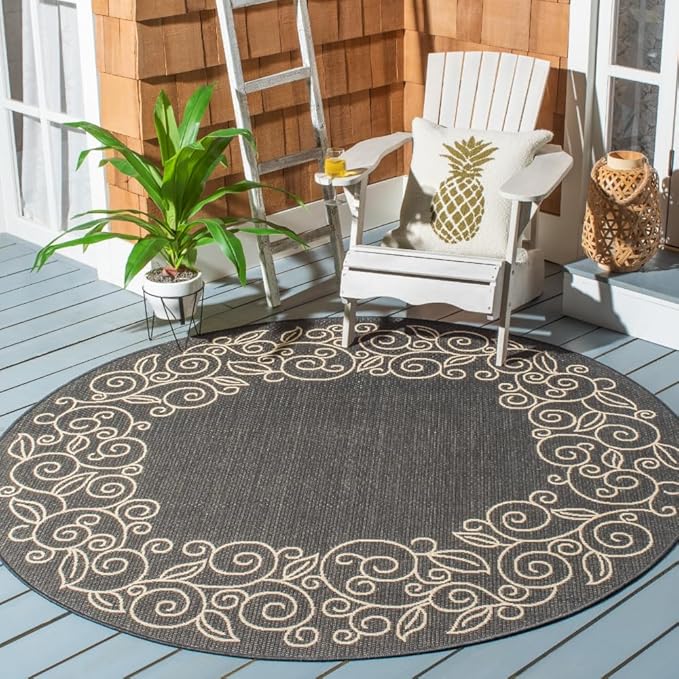 SAFAVIEH Washable Rug Outdoor Courtyard Collection - 6'7" Round, Black & Beige, Non-Shedding & Easy Cleaning, Ideal for Patio, Backyard, Mudroom (CY5139D)