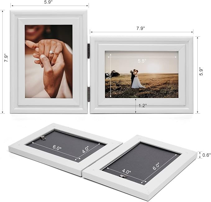 Vertical & Horizontal 4X6 Picture Frames Double Hinged Wood Folding Photo Frames with Real Glass Front Fit for Desktop or Tabletop, White XBAI-V46-H64