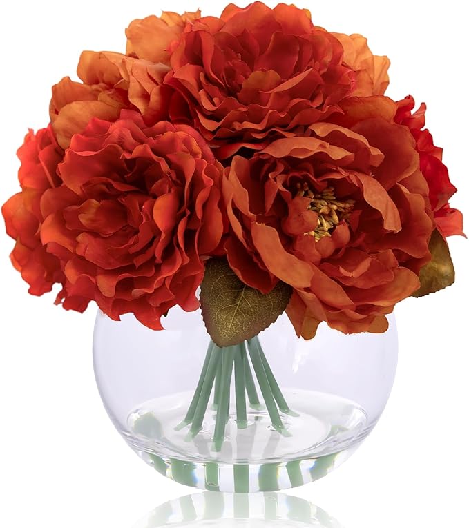 WELL KNOWN Artificial Flowers in Vase, Silk Peonies Flowers for Vase with Faux Water, Burnt Orange Fake Flower Arrangements for Thanksgiving Fall Winter Dinning Table Centerpieces Party Decor
