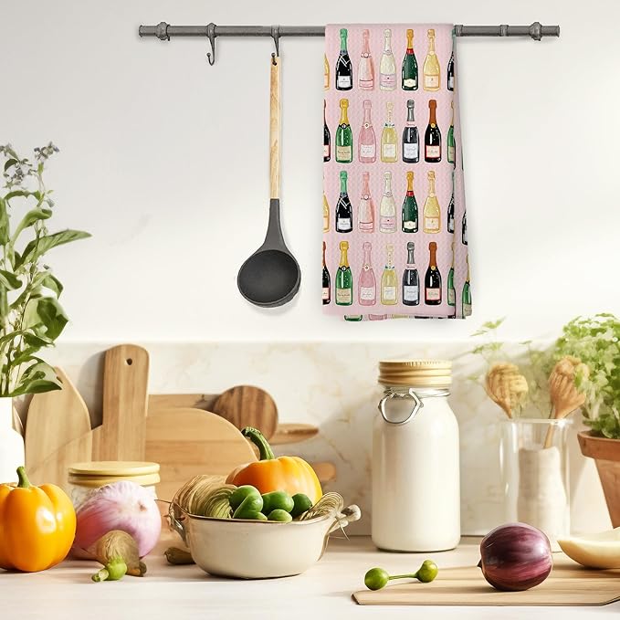 Pink Champagne Lover Gift Kitchen Towels, Champagne Accessories Bar Hand Towel, Trendy Alcohol Bottles Cocktail Gift Champagne Bachelorettes Girly Room Decorative Tea Dish Towels 16x24 Inch