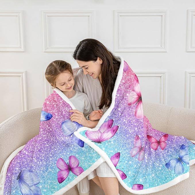 Feelyou Girls Glitter Print Fleece Throw Blanket 40"x50" Kids Blue Pink Butterfly Sherpa Blanket Plush Fuzzy for Bed Couch Chair Living Room, Dreamy Girly Bed Blanket Princess Style Room Decor